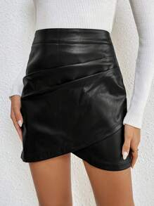 SHEIN Frenchy Women'S Wrapped Cross Fold Design Pleated Skirt - Black - View 4