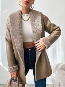 SHEIN Cottnline Women's Fleece Lined Pu Jacket With Patchwork Design - Mocha Brown - View 3