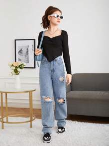 Teen Girl Twist Front Hanky Hem Tee - Black - View 4
