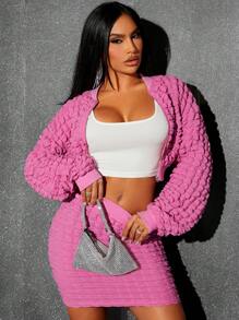 SHEIN SXY Solid Crop Jacket & Bodycon Skirt - Pink - View 1