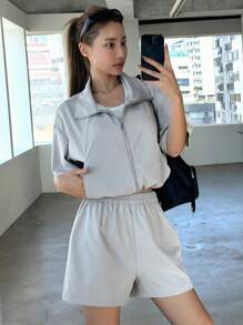 Dazy Star Zipper Front Half Sleeve Top And Shorts Set - Light Grey - View 1