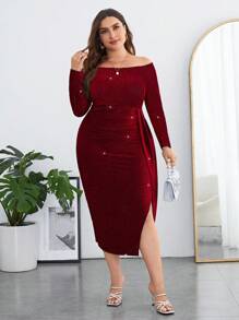 SHEIN Clasi Vestido de talla grande con hombros descubiertos y abertura