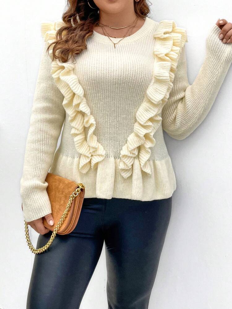 Plus Ruffle Trim Sweater Knit Pullover Fall Winter Sweater