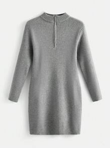 SHEIN BASICS Plus Zipper Front Ribbed Knit Sweater Dress - Dark Grey - View 6