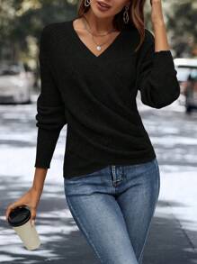 EMERY ROSE 女士纯色针织套头衫，秋冬款 - 黑色 - 查看 4