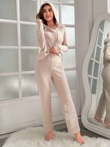 插肩袖抽繩連帽休閒服套裝 - 杏色 - 查看 5