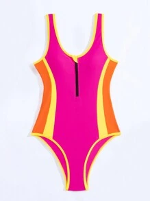 Women's Contrast Color Zipper One-piece Swimsuit - Multicolor - View 4