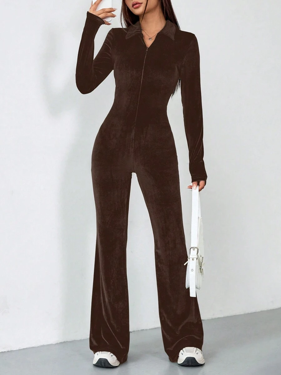 SHEIN EZwear Bộ đồ liền thân tay dài loe có khóa kéo phía trước ôm sát dành cho nữ - Cà phê nâu - Xem 1