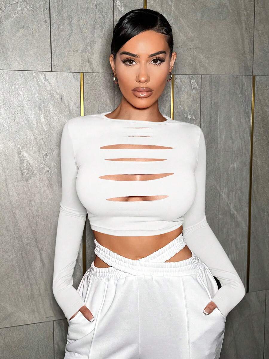 SHEIN SXY Cut Out Front Crop Tee - White - View 1