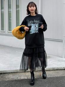 FRIFUL Của phụ nữ Mô hình hoạt hình mèo Thả vai Áo nỉ - màu đen - Xem 5