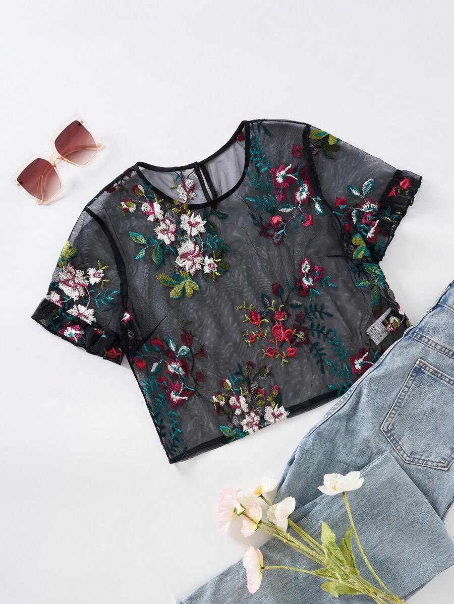 SHEIN Unity 荷葉邊袖口刺繡網紗薄透上衣 - 彩色 - 查看 1