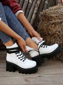 Châu Âu và Châu Mỹ Thời trang Khóa Giày ống Ankle Đối với phụ nữ , Dày Gót chân Tăng Chiều Cao , Ấm áp Không thấm nước Nền tảng Giày bốt ngắn Với Dây kéo bên , Mới Giải phóng 2023 - Đen và trắng - Xem 8