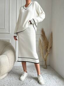 EURMUSE 對比彩色流蘇邊落肩袖套頭毛衣和毛衣半身裙套裝 - 白色 - 查看 3