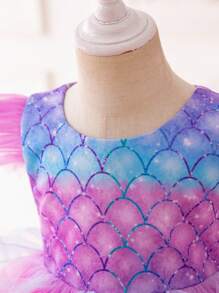 Young Girl Fish Scales Print Ruffle Trim Party Dress - Multicolor - View 5