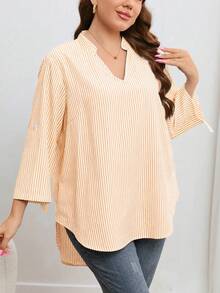 SHEIN LUNE Của phụ nữ Kích thước lớn Sọc Áo sơ mi Với Khía Đường viền cổ áo - trái cam - Xem 7