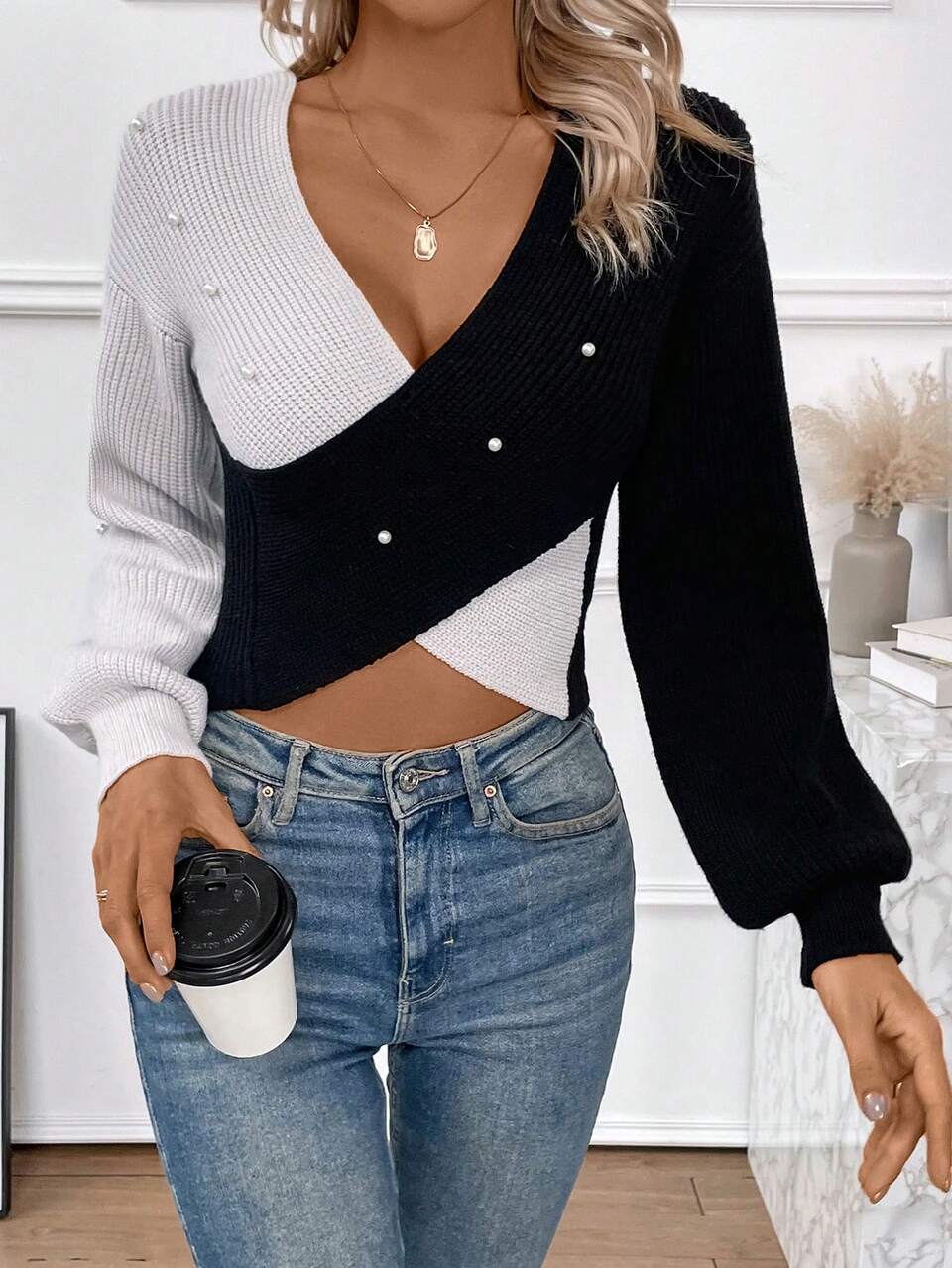Two Tone Faux Pearls Beaded Crossover Crop Knit Pullover Fall Winter Sweater