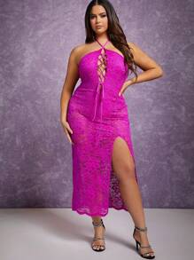 Hauture Plus Lace Up Split Thigh Halter Dress - Hot Pink - View 3