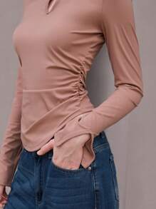 Anewsta Camiseta de cuello con abertura de ojo fruncido - Gris - Ver 5