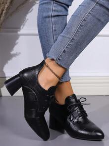 2023 Hàng Mới Của phụ nữ Pointed Toe Giữa & Dày Gót chân chất liệu da PU Vamp Làm việc Giày dép Với Lace-up Khép kín - màu đen - Xem 2