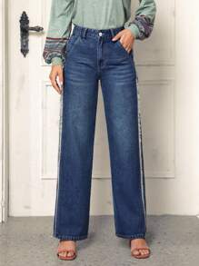 SHEIN LUNE 高腰毛邊緣直筒牛仔褲 - 卡其色 - 查看 4