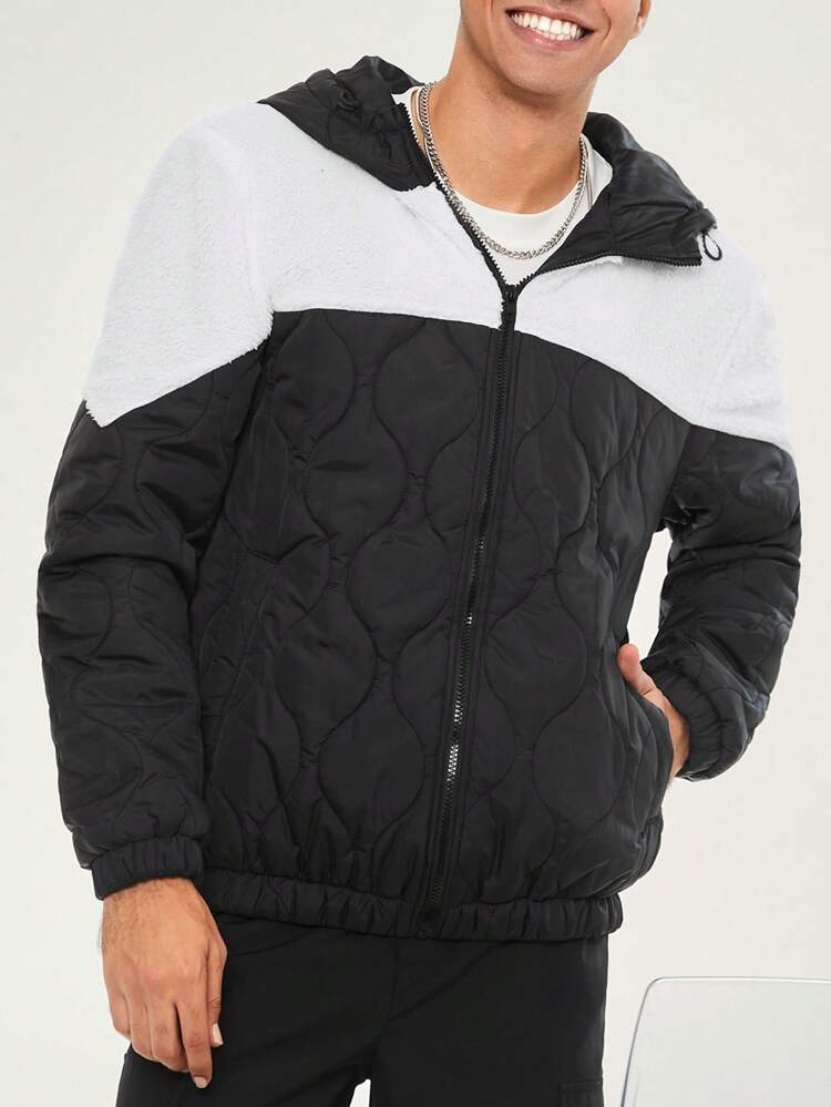 Loose Fit Men's Two Tone Hooded Quilted Coat, For Fall Winter