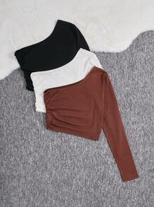 SHEIN Teen Girls' Knit Ribbed Ruched One Shoulder T-Shirt 3pcs/Set - Multicolor - View 2