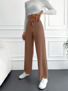 SHEIN Cottnline Women's Tie-waist Ribbed Trousers - Camel - View 3