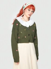 ROMWE Fairycore 女性香菇刺繡無扣開衫外套,不含襯衫 - 彩色 - 查看 5