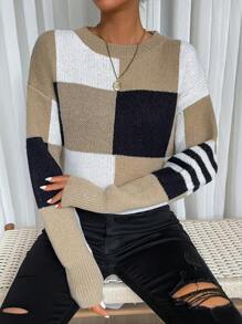 SHEIN LUNE Color Block Drop Shoulder Knit Pullover Fall Winter Sweater - Multicolor - View 6