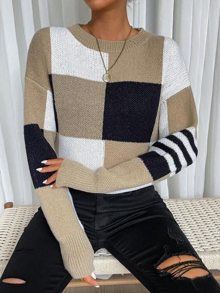 Color Block Drop Shoulder Knit Pullover Fall Winter Sweater