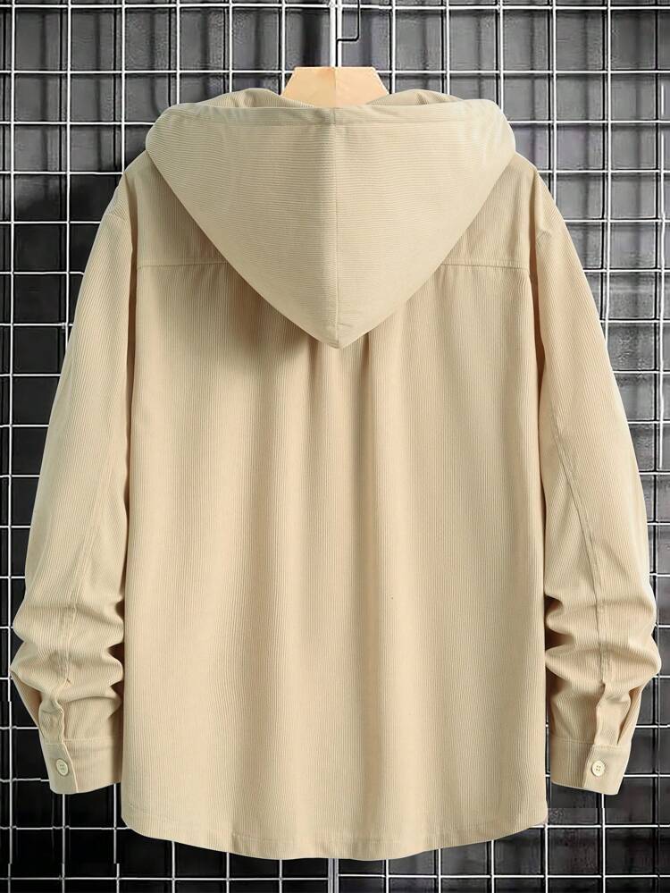 Loose Fit Men's Hooded Jacket With Toggle Closure And Buttoned Flap Pockets , Corduroy
