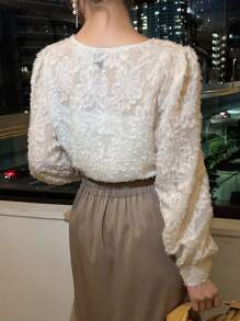 FRIFUL 女式刺绣灯笼袖衬衫，薄款，秋季服装长袖上衣 - 米色 - 查看 2