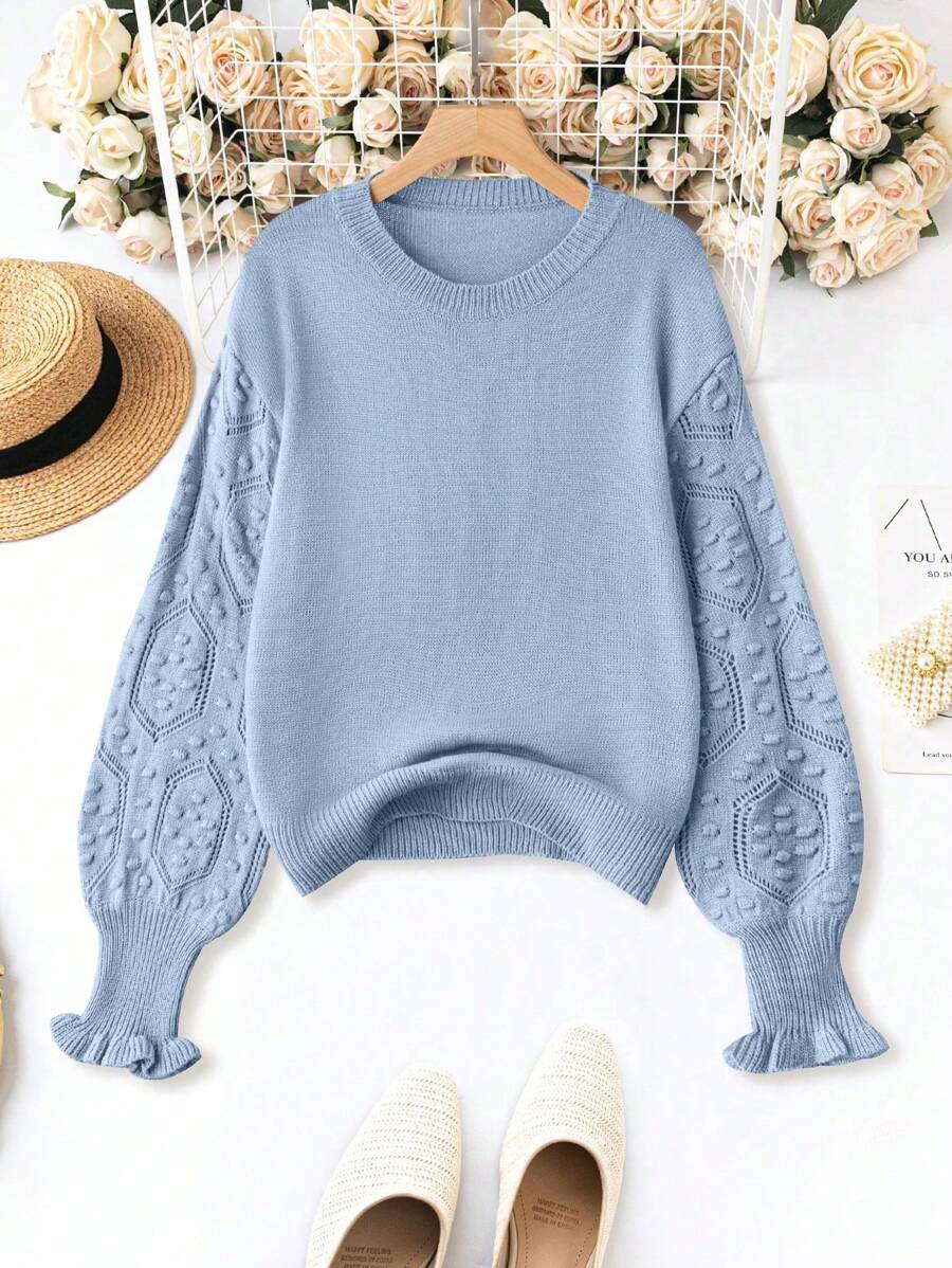 Calvaya Hơn Tương phản Đan Bỏng ngô tay áo lá sen Áo len - Màu xanh nhạt - Xem 1