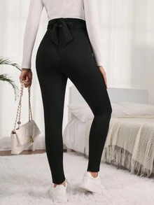 SHEIN 孕婦素色可調節腰圍緊身打底褲 - 黑色 - 查看 5