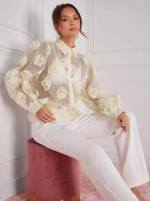 Enchnt Women's 3d Flower Lantern Sleeve Sheer Mesh Blouse - Apricot - View 1