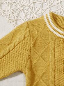 Baby Boy Striped Trim Cable Knit Cardigan - Yellow - View 6