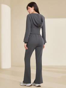 Mulvari Letter Patched Hooded Top And Split Flared Pants Two Piece Set - Grey - View 6