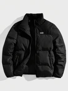 Manfinity VCAY Loose Fit Men's Letter Patched Detail Zip-Up Padded Coat, For Fall Winter - Black - View 1