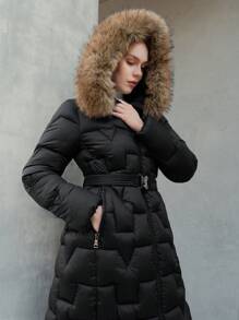 Anewsta Women's Hooded Padded Coat With Zipper & Patchwork Design, Plush Hat Brim & Slanted Pockets - Black - View 5