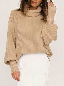 Simplee Funnel Neck Drop Shoulder Ribbed Knit Sweater - Apricot - View 5