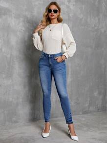 SHEIN LUNE Jeans Ajustados De Mujer Con Bolsillos Inclinados Y Detalles De Botones