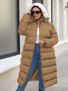 RueChic Kích thước lớn Trang trí Fuzzy Dây kéo áo có mũ Áo khoác Phồng - Lạc đà - Xem 5