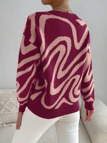 SHEIN Essnce Allover Pattern Drop Shoulder Sweater - Rose Red - View 2