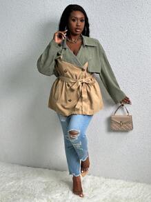 Slaydiva Plus Two Tone Double Breasted Belted Trench Coat - Khaki - View 3