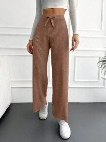 SHEIN Cottnline Women's Tie-waist Ribbed Trousers - Camel - View 5