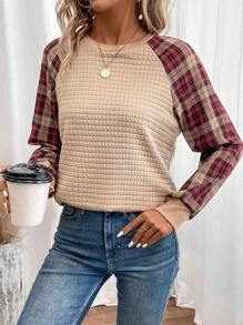 SHEIN LUNE Plaid Raglan Sleeve Sweatshirt In Fall/Winter,Casual - Multicolor - View 4