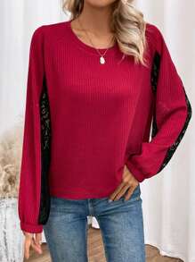 SHEIN LUNE Color Block Sequin Patchwork T-shirt - Burgundy - View 3