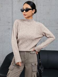 SHEIN Essnce 小高領麻花編織套頭毛衣 - 卡其色 - 查看 4