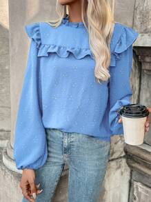 SHEIN Frenchy Của phụ nữ Ruffled Tay áo lồng đèn Áo sơ mi - Màu xanh nhạt - Xem 5