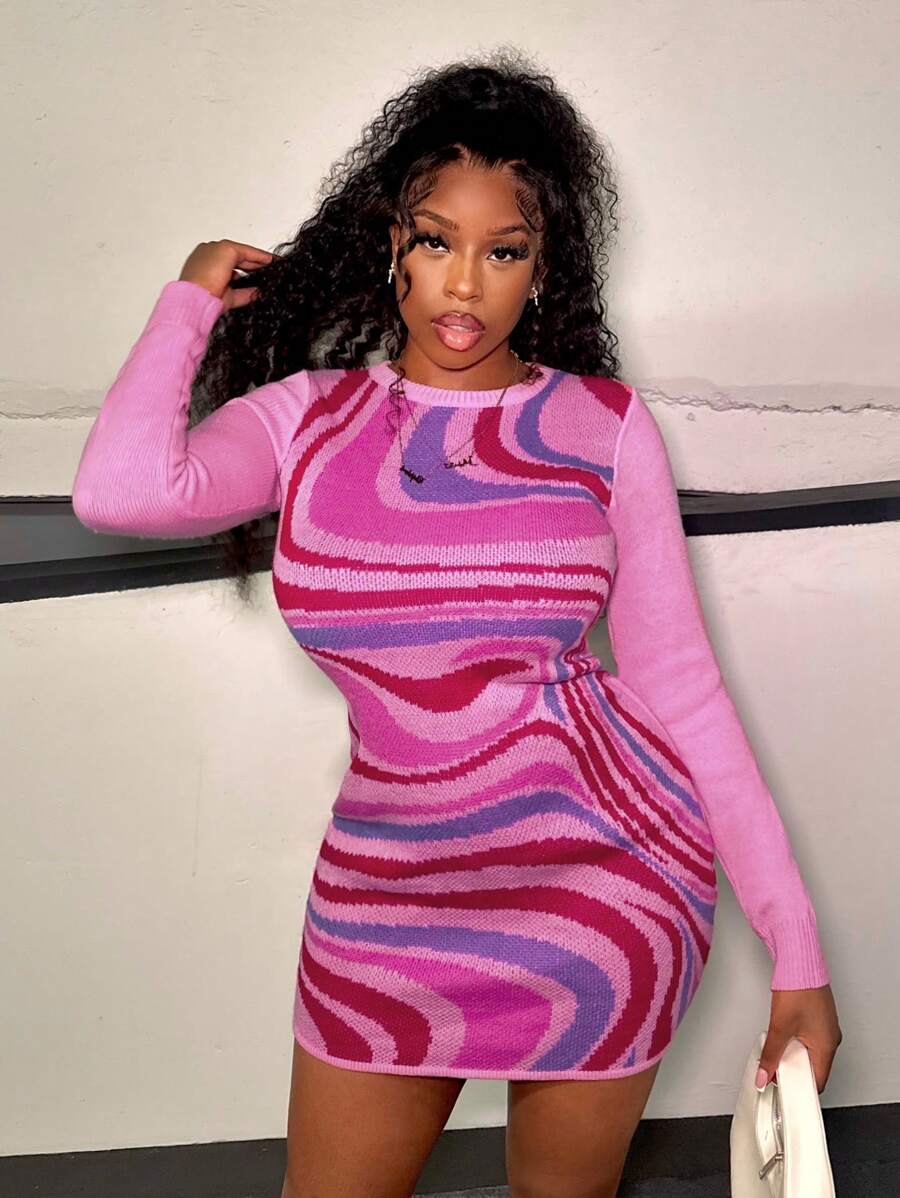 Slaydiva 大理石紋樣式緊身毛衣洋裝 - 彩色 - 查看 1